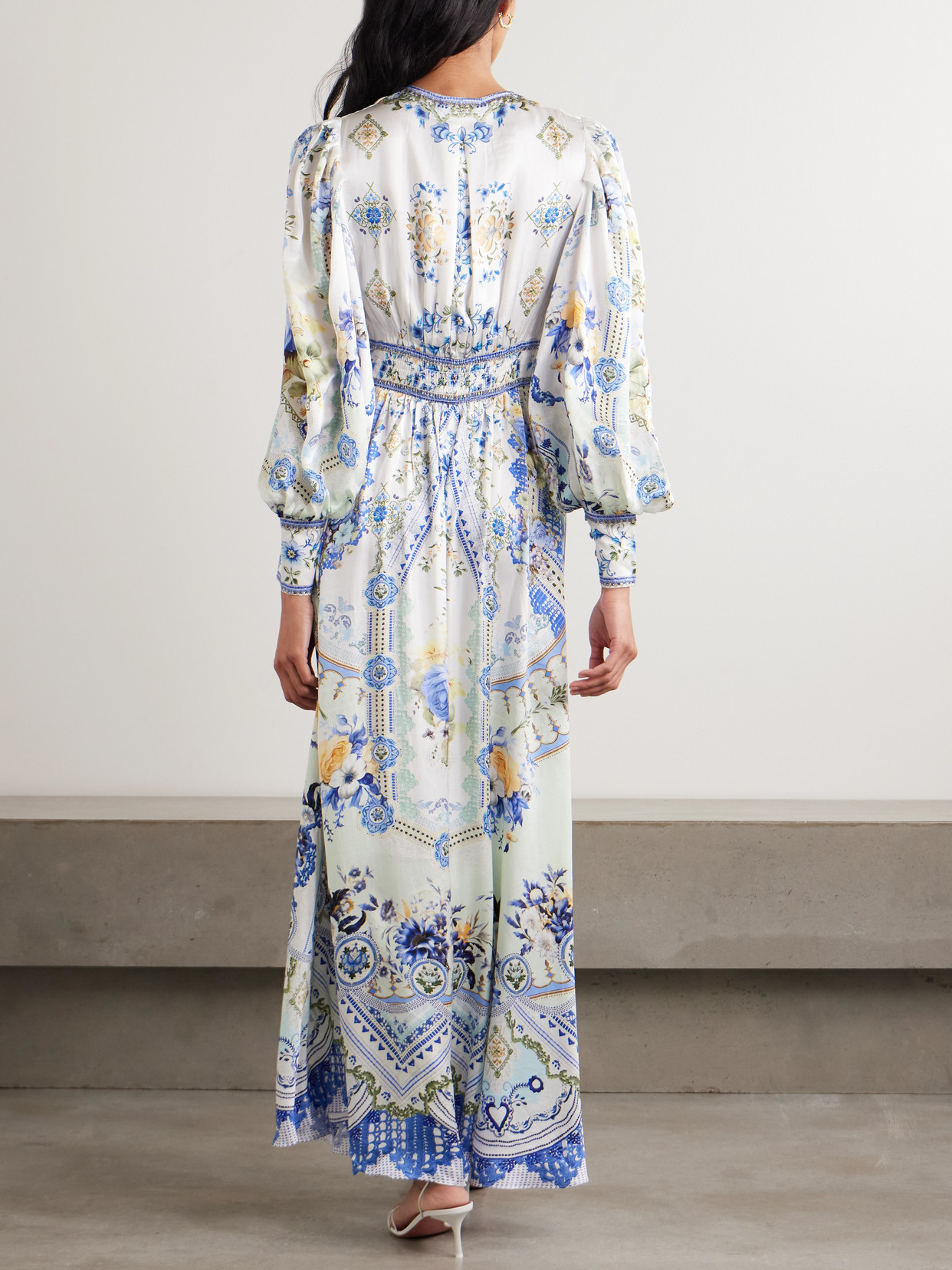 Camilla Crystal-embellished Shirred Printed Silk Maxi Dress In Blue