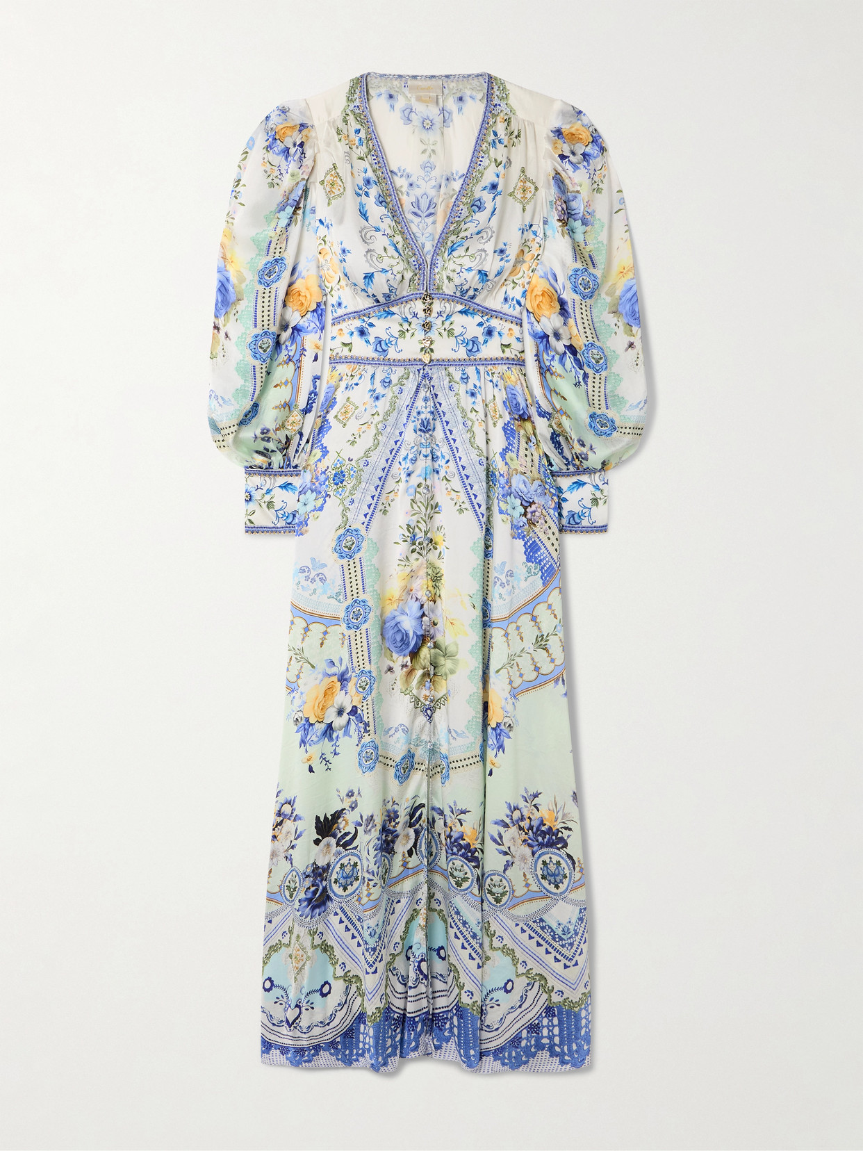 Camilla Crystal-embellished Shirred Printed Silk Maxi Dress In Blue