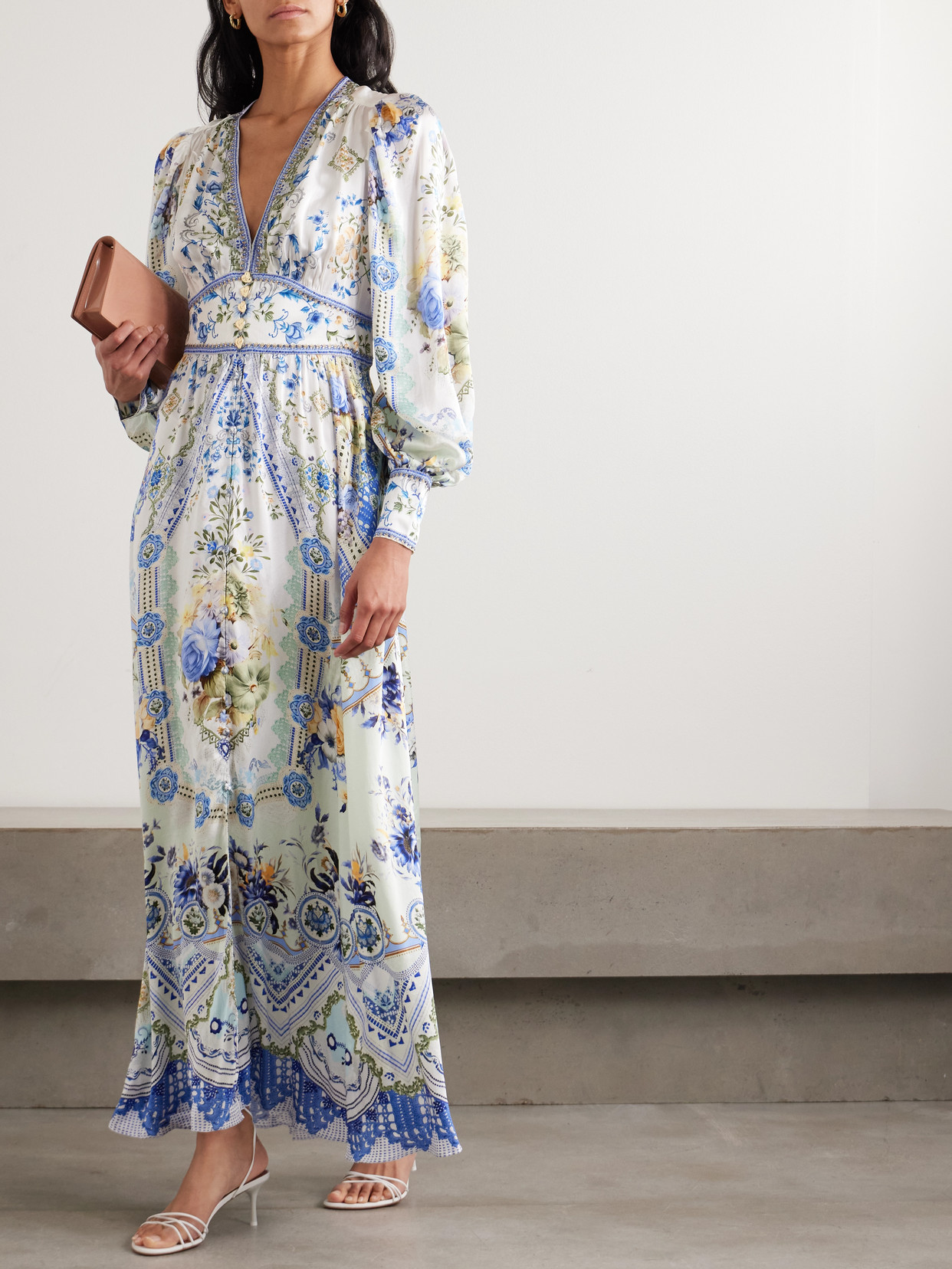 Camilla Crystal-embellished Shirred Printed Silk Maxi Dress In Blue