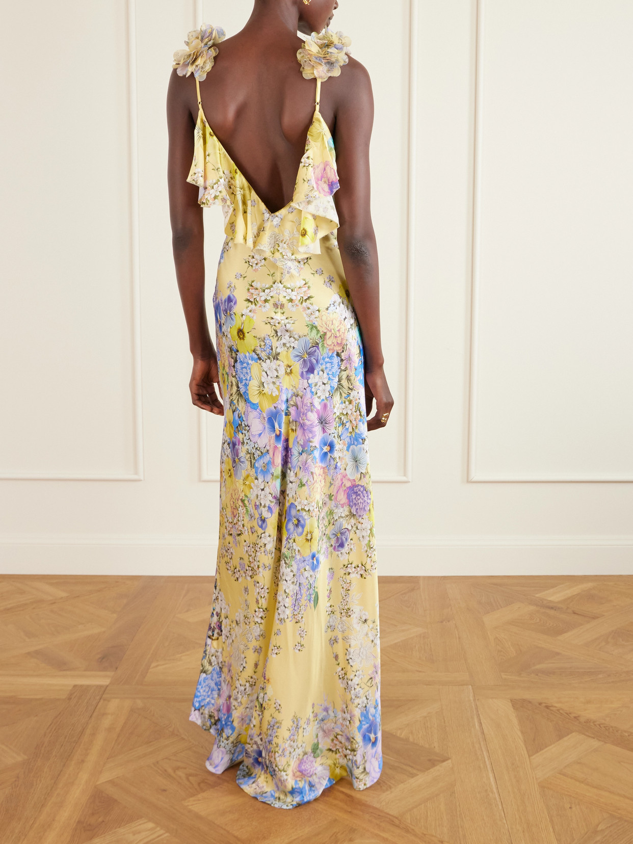 Camilla Embellished Floral Ruffled Silk Satin Maxi Dress In Yellow