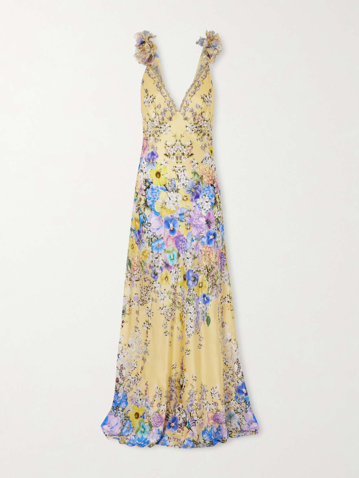 Camilla Embellished Floral Ruffled Silk Satin Maxi Dress In Yellow