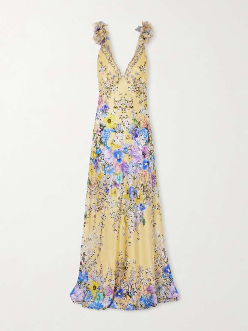 Camilla Appliquéd Embellished Floral-print Silk-satin Maxi Dress