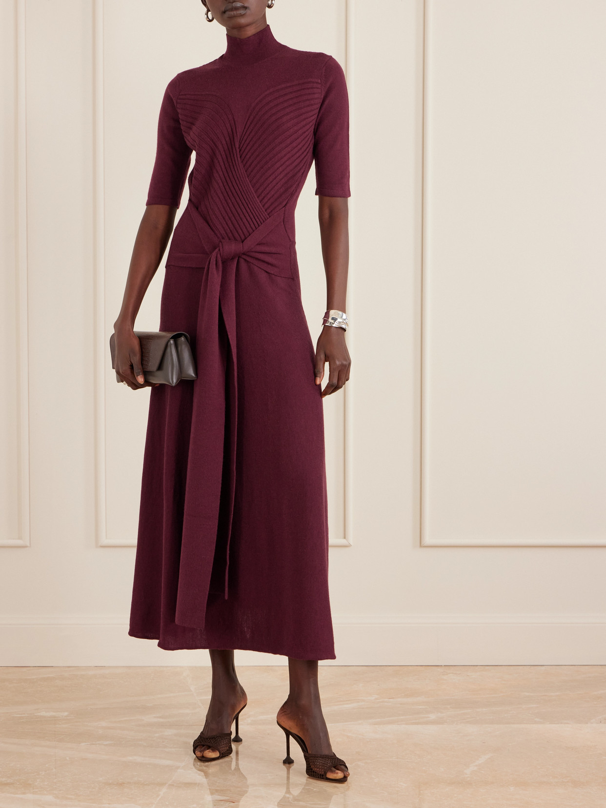 Violante Nessi Takashi Tie-detailed Ribbed Merino Wool Midi Dress In Burgundy