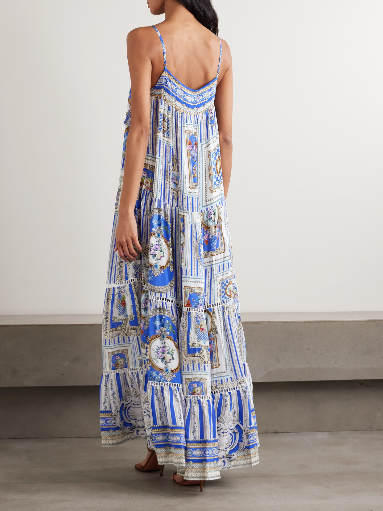 Camilla Tie-detailed Lace-trimmed Tiered Printed Silk-satin Maxi Dress In Blue