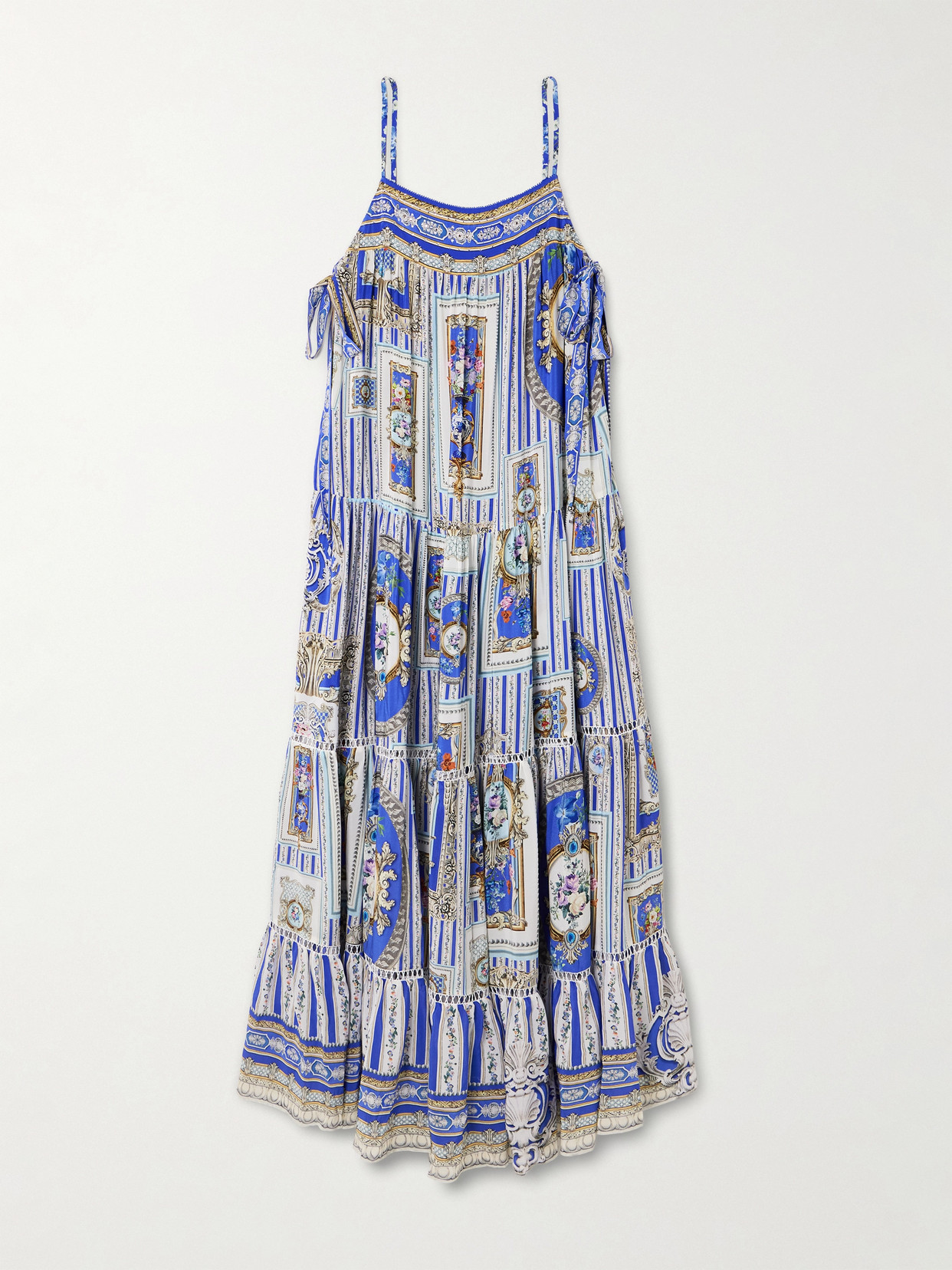 Camilla Tie-detailed Lace-trimmed Tiered Printed Silk-satin Maxi Dress In Blue