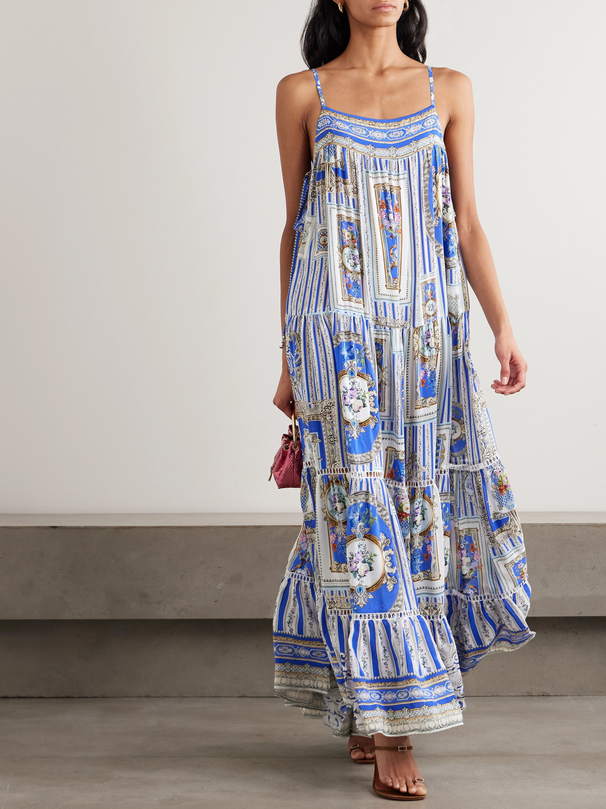 Camilla Tie-detailed Lace-trimmed Tiered Printed Silk-satin Maxi Dress In Blue