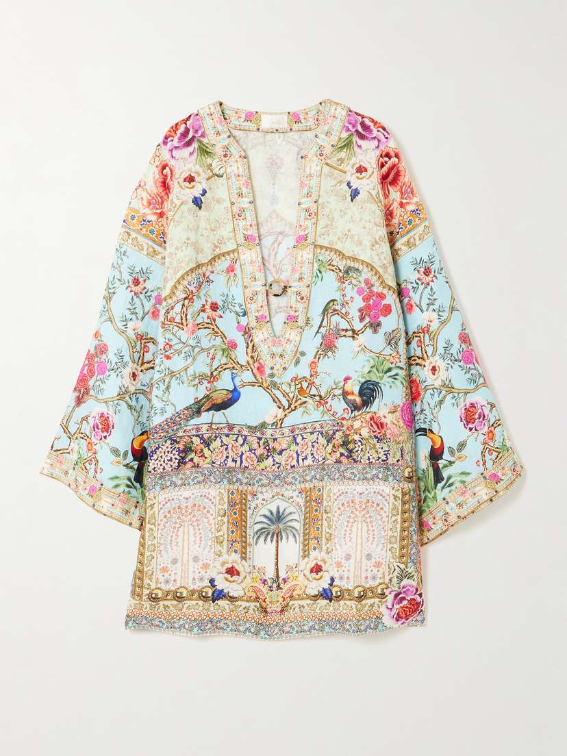 Camilla Crystal-embellished Printed Linen Kaftan