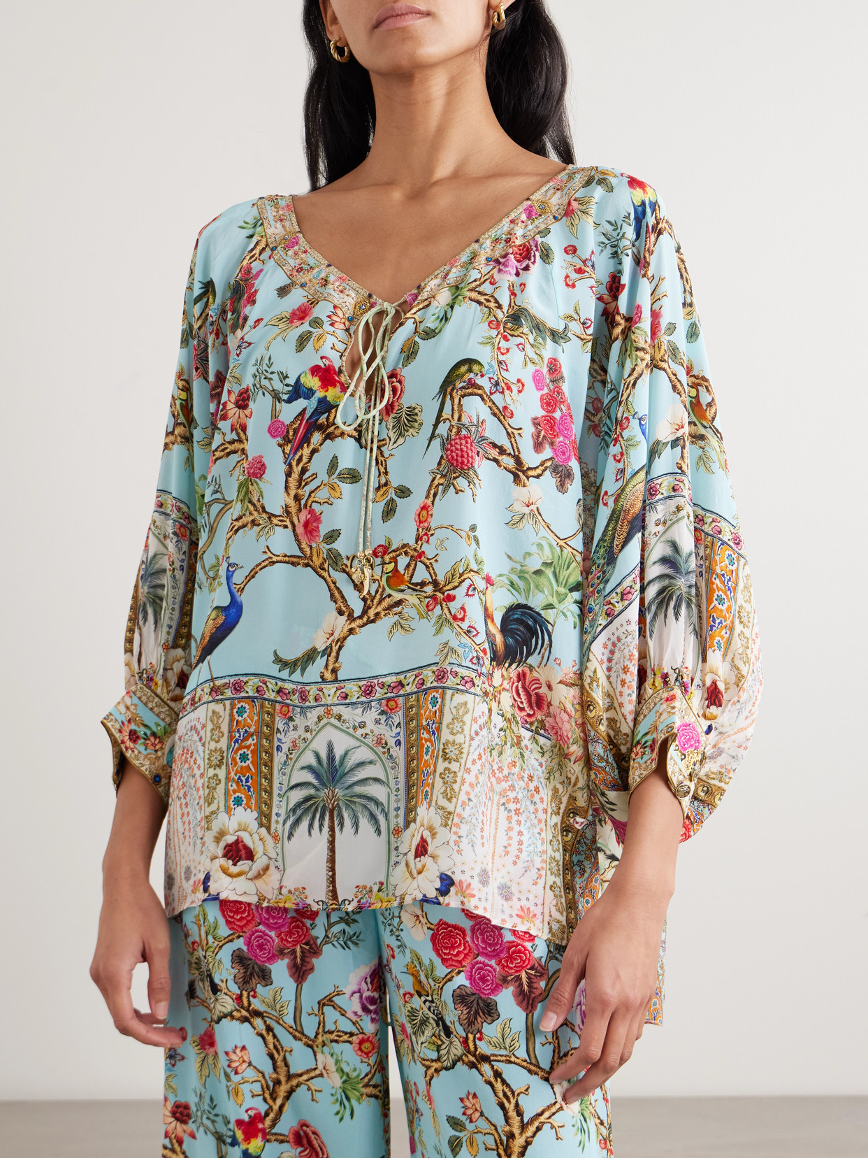 Camilla Sultans And Queens Tie-detailed Embellished Printed Silk-crepe Blouse In Multi