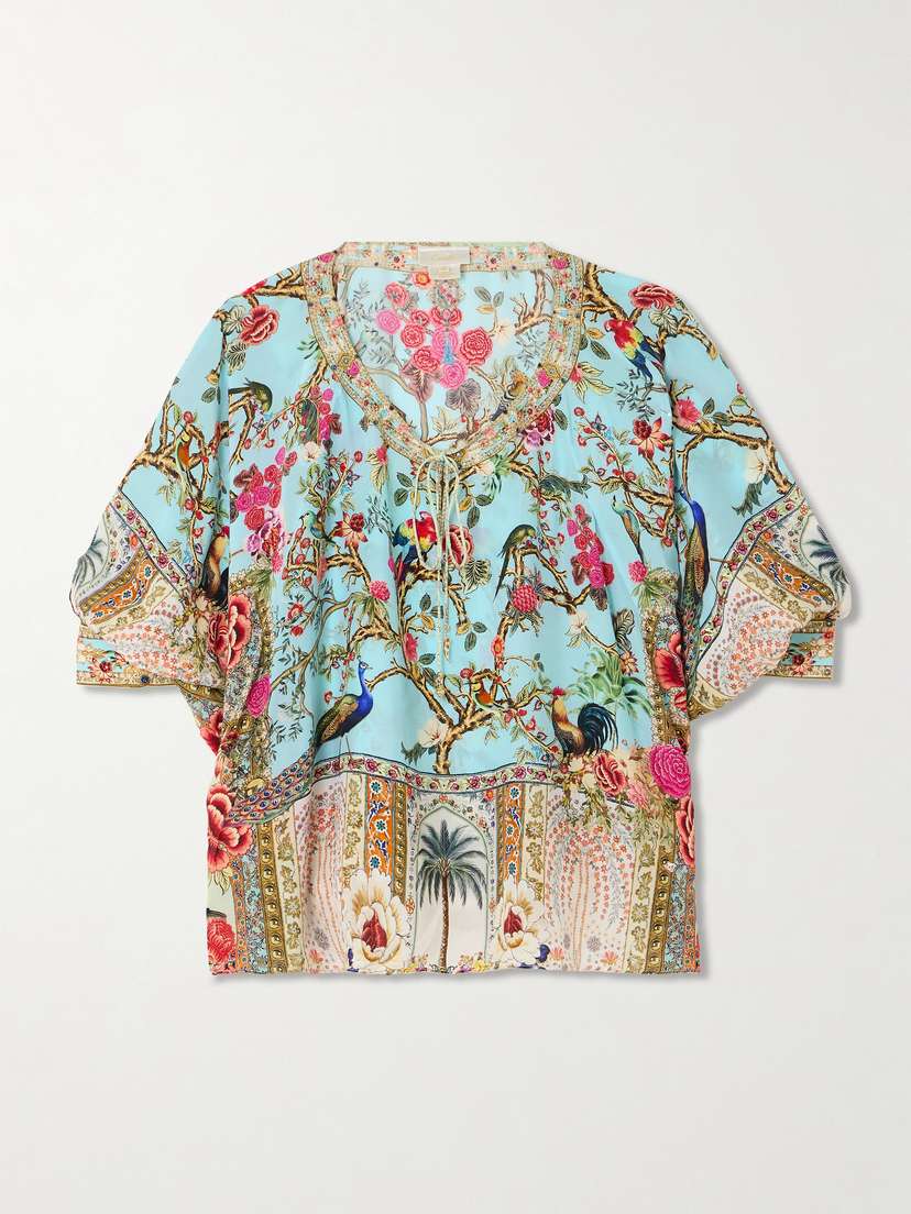 Camilla Sultans And Queens Tie-detailed Embellished Printed Silk-crepe Blouse