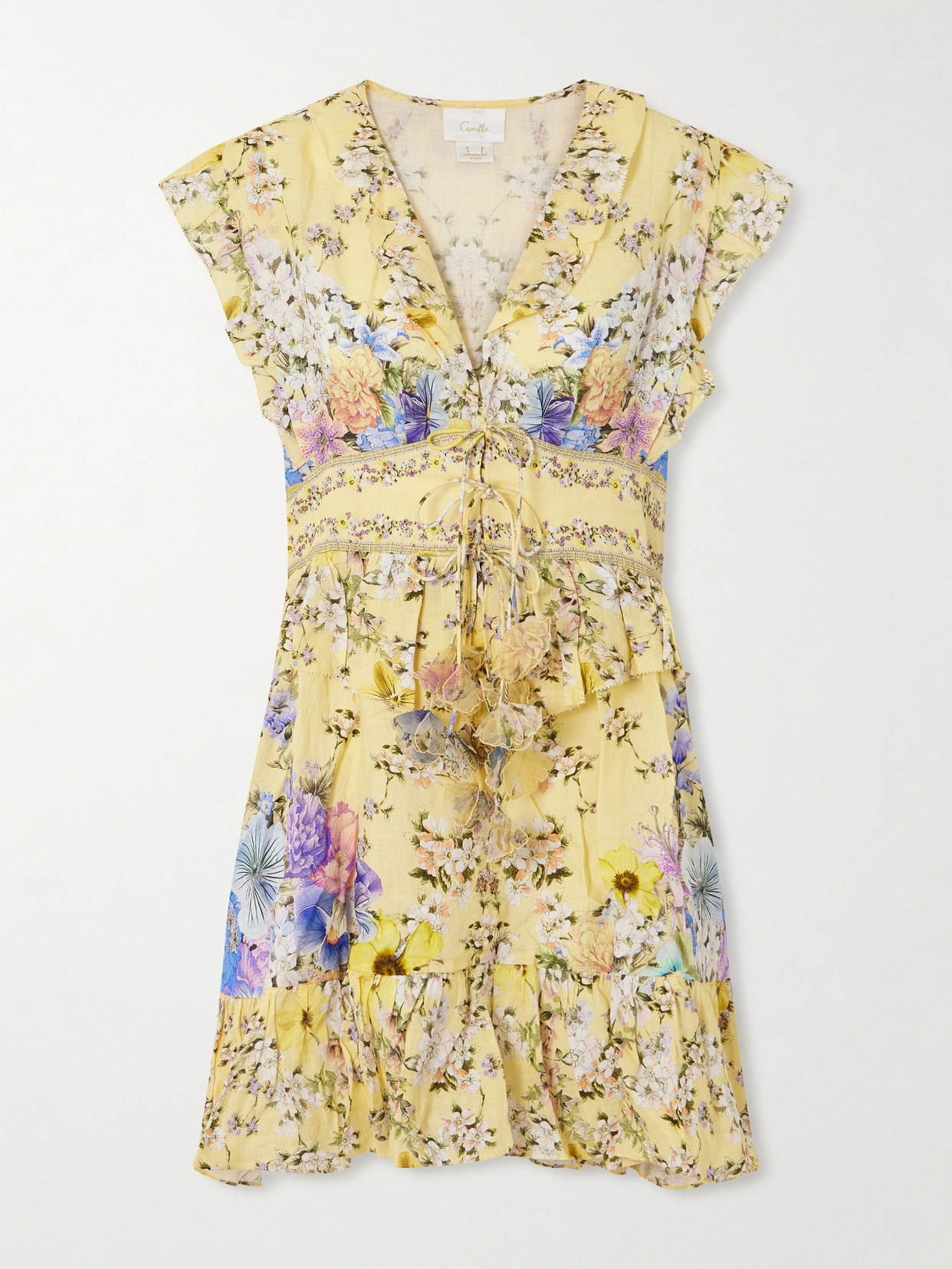Camilla Appliquéd Embellished Floral-print Linen-voile Mini Dress In Yellow