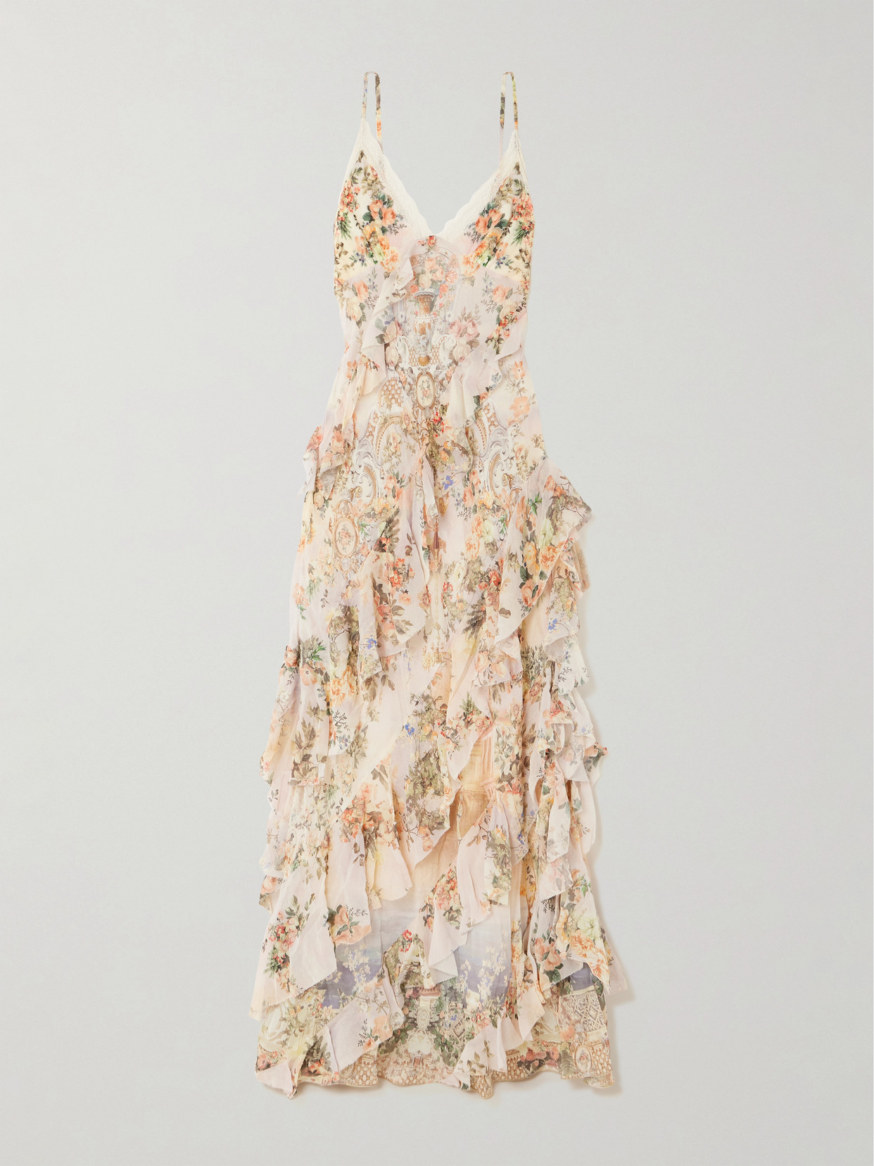 Camilla Lace-trimmed Ruffled Floral-print Silk-chiffon Maxi Dress In Multi