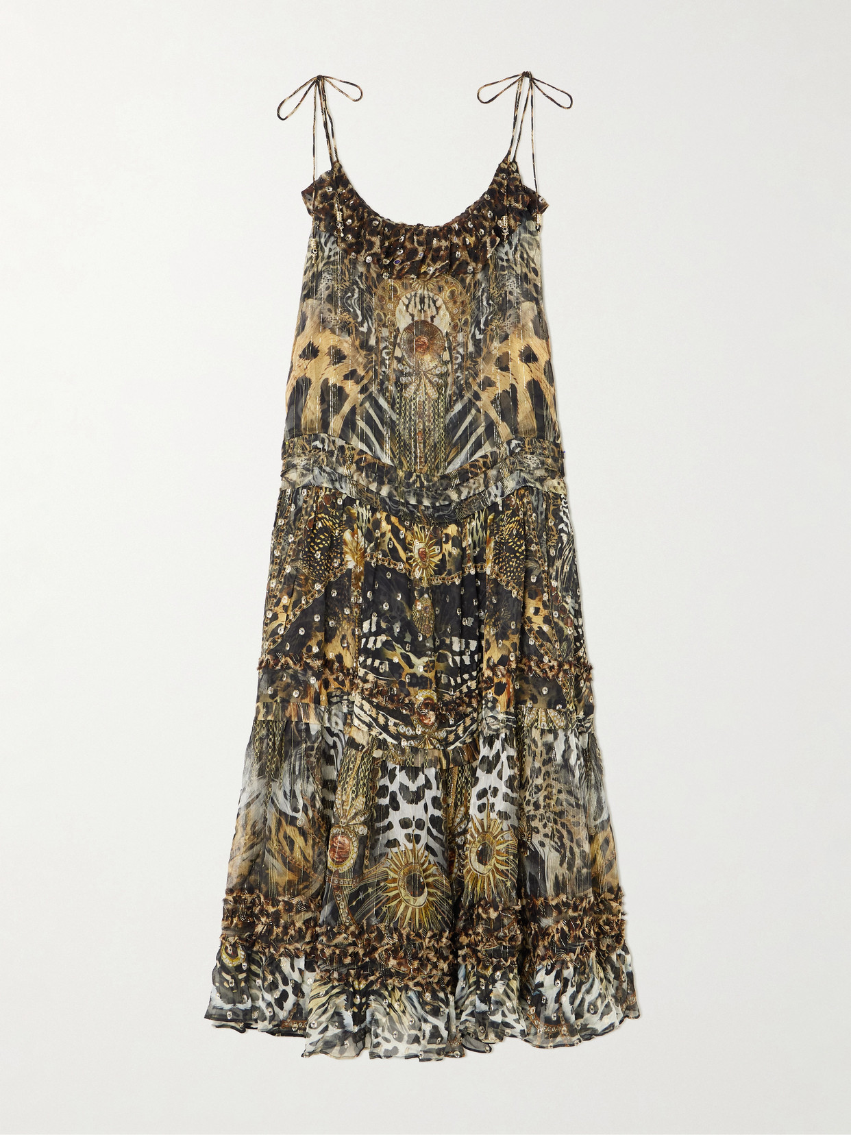 Camilla Ruffled Tiered Leopard-print Embellished Fil Coupé Midi Dress In Multi