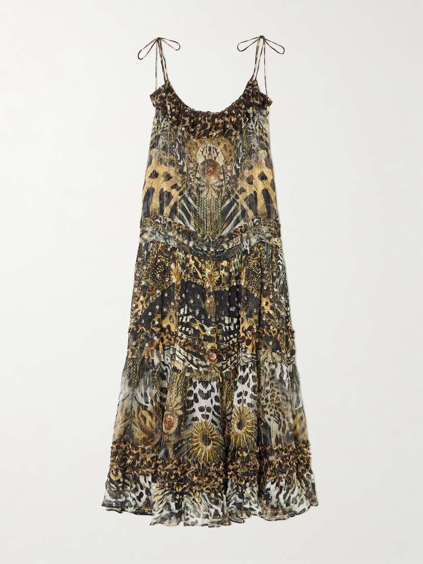 Camilla Ruffled Tiered Leopard-print Embellished Fil Coupé Midi Dress