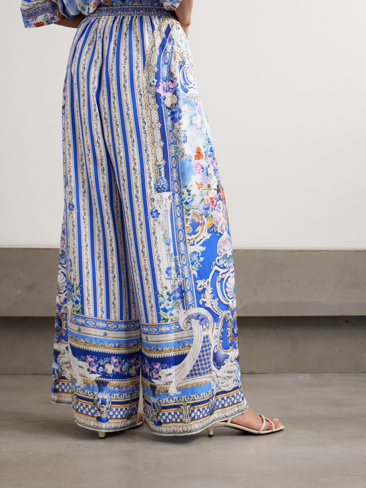 Camilla Crystal-embellished Printed Silk-satin Wide-leg Pants In Blue
