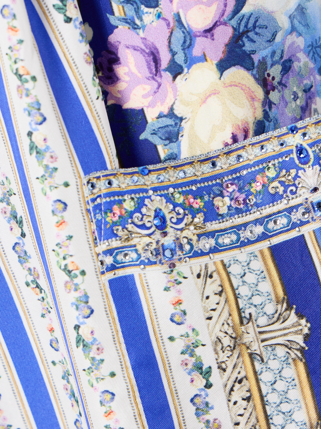 Camilla Crystal-embellished Printed Silk-satin Wide-leg Pants In Blue