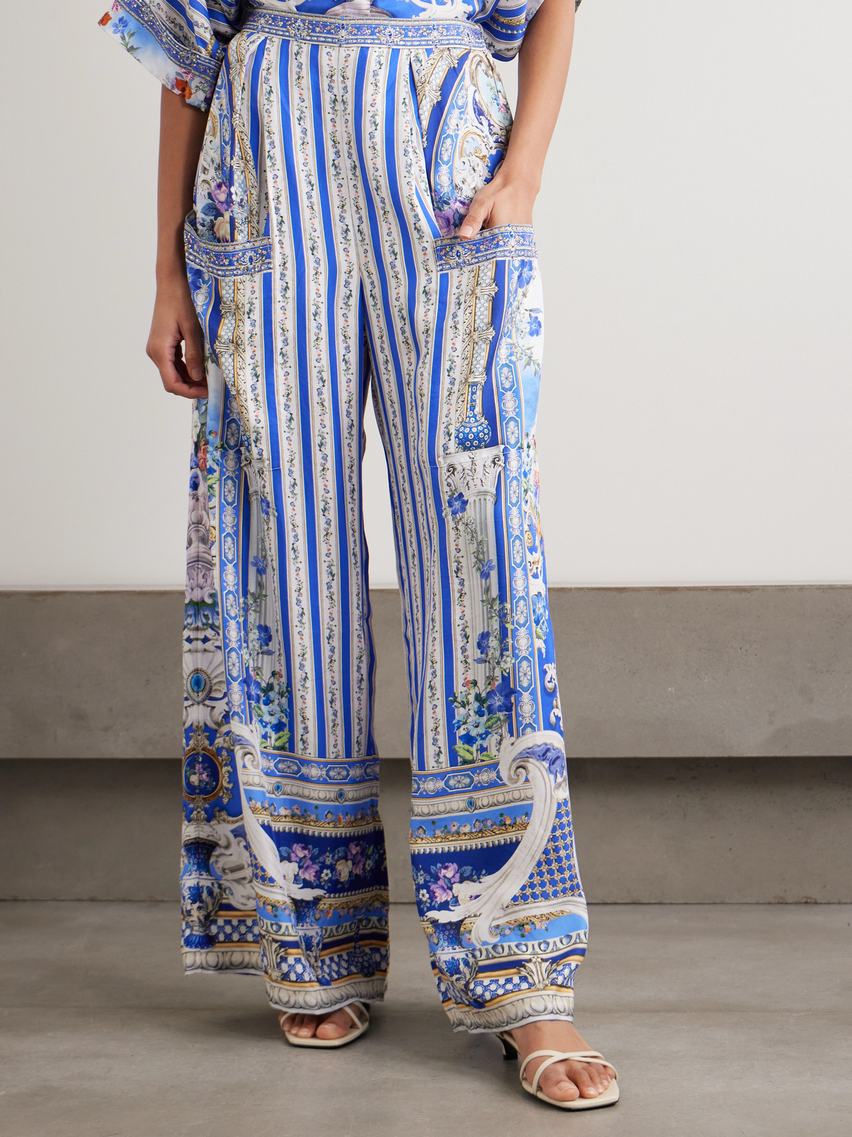 Camilla Crystal-embellished Printed Silk-satin Wide-leg Pants In Blue