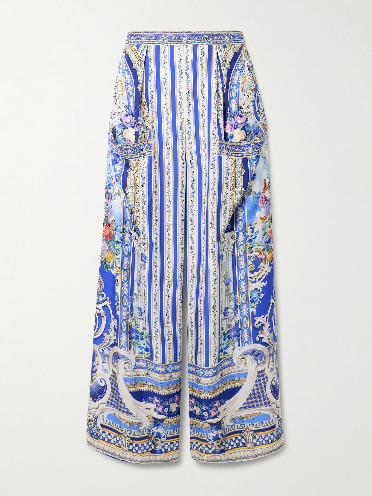 Camilla Crystal-embellished Printed Silk-satin Wide-leg Pants In Blue
