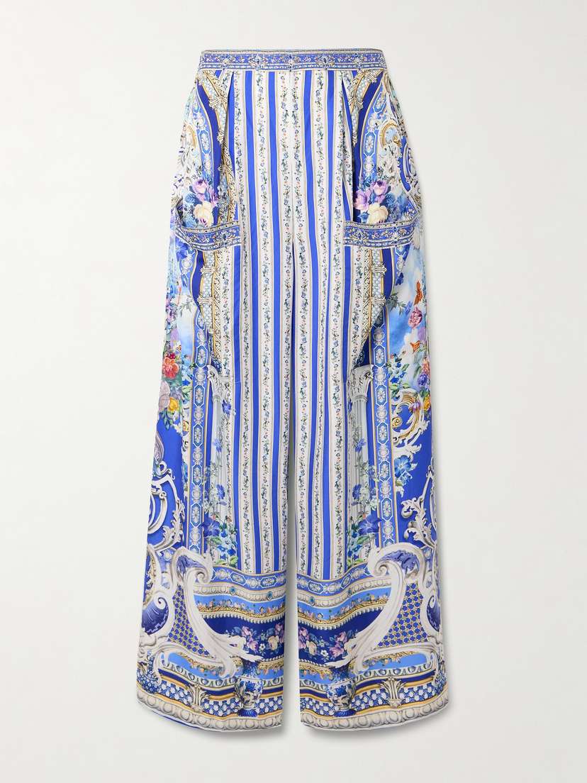 Camilla Crystal-embellished Printed Silk-satin Wide-leg Pants