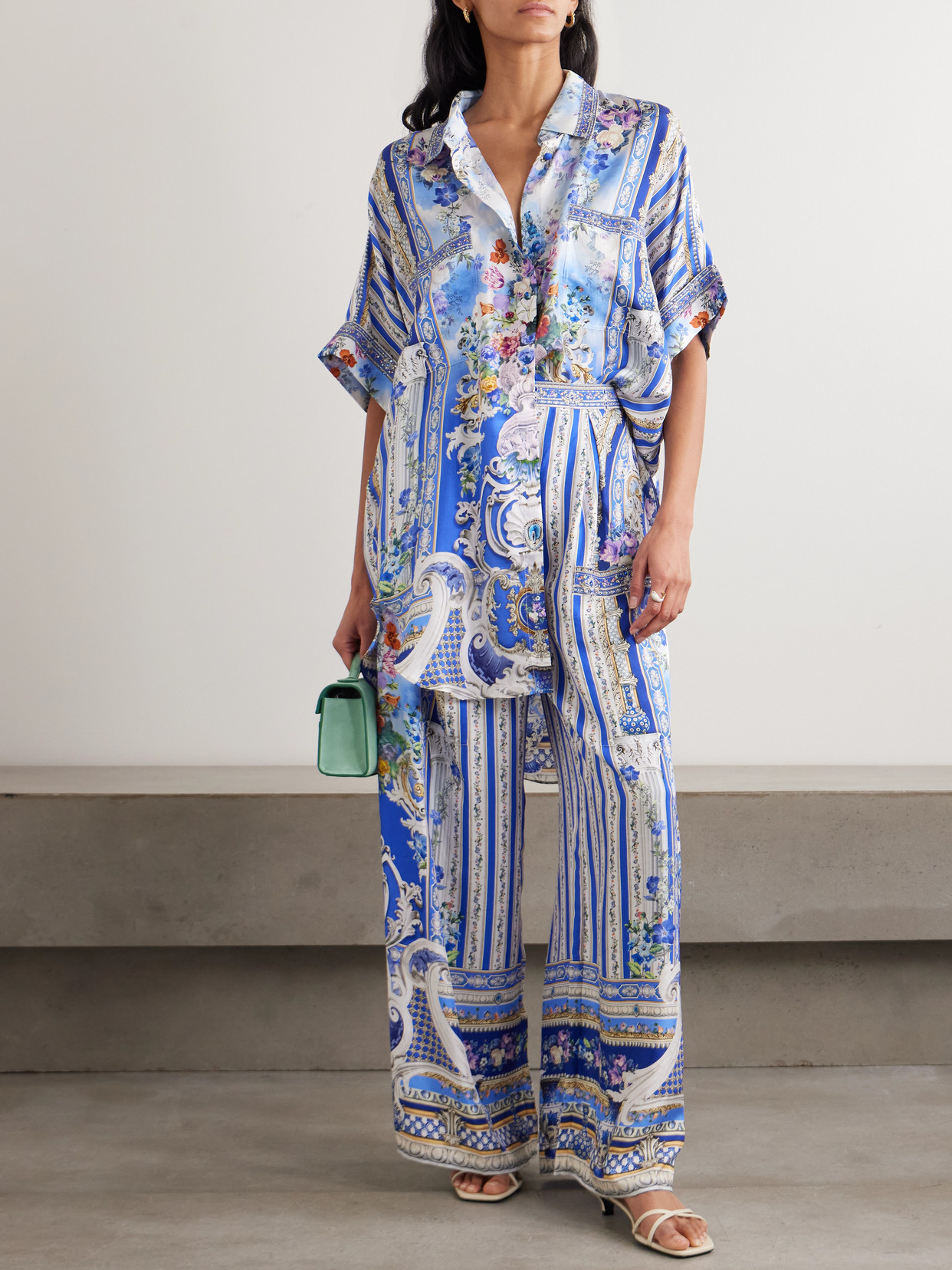 Camilla Crystal-embellished Printed Silk-satin Wide-leg Pants In Blue