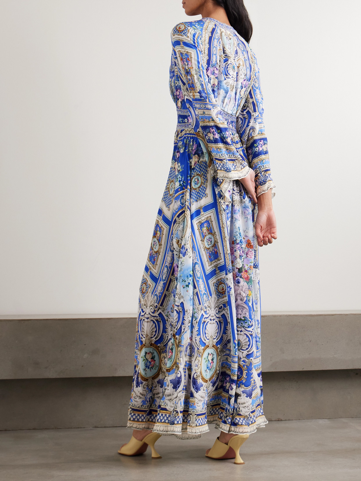 Camilla Crystal-embellished Shirred Printed Silk-chiffon Maxi Dress In Blue