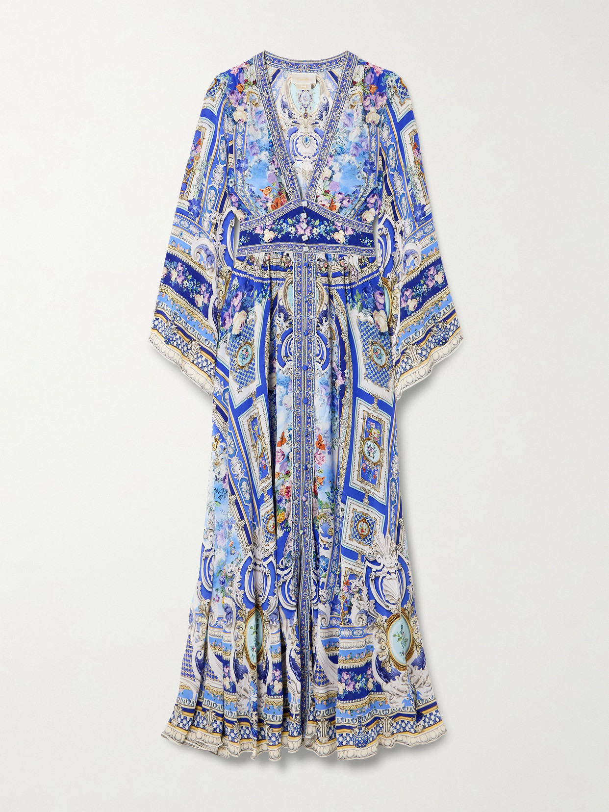 Camilla Crystal-embellished Shirred Printed Silk-chiffon Maxi Dress In Blue