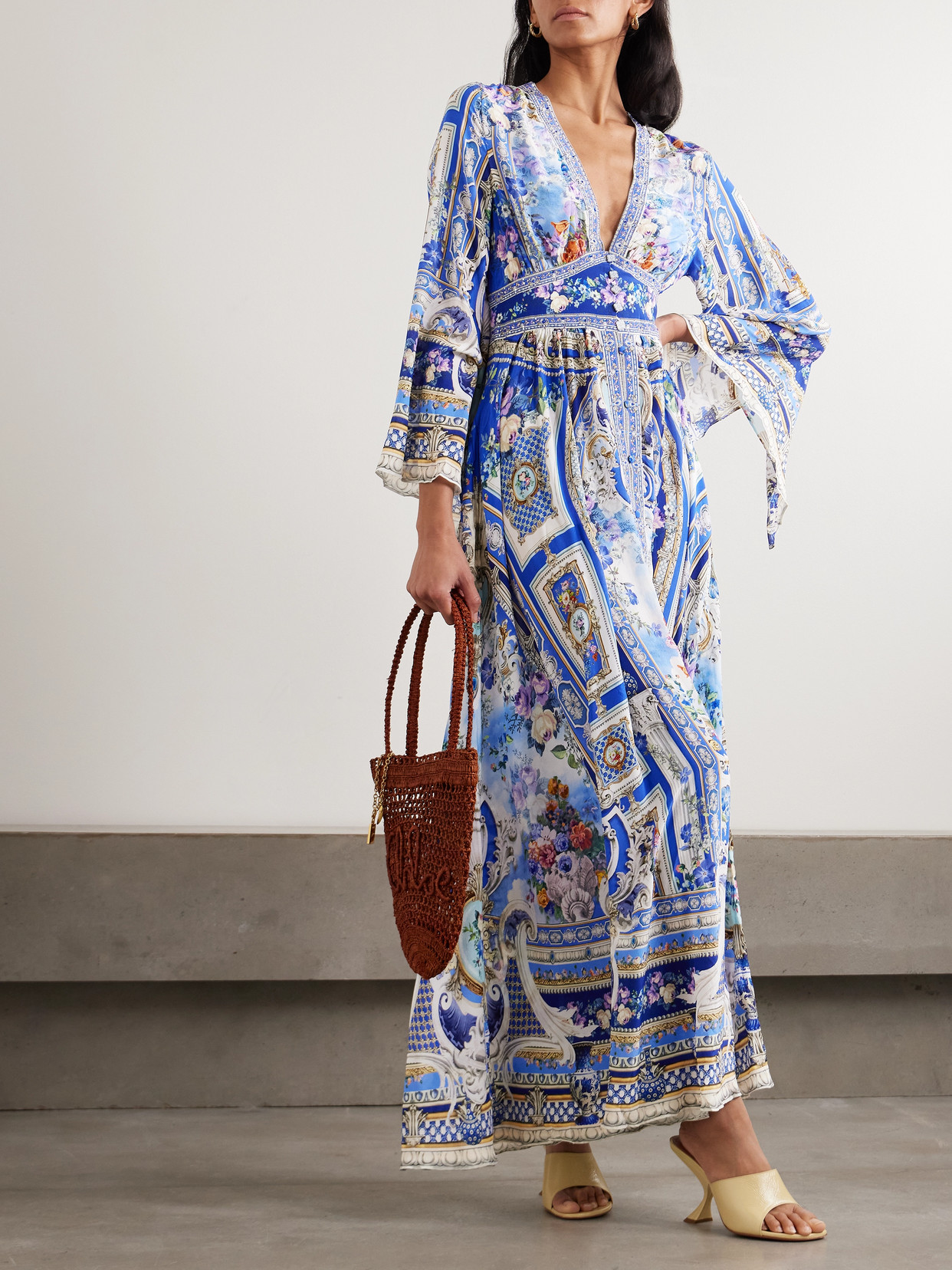 Camilla Crystal-embellished Shirred Printed Silk-chiffon Maxi Dress In Blue