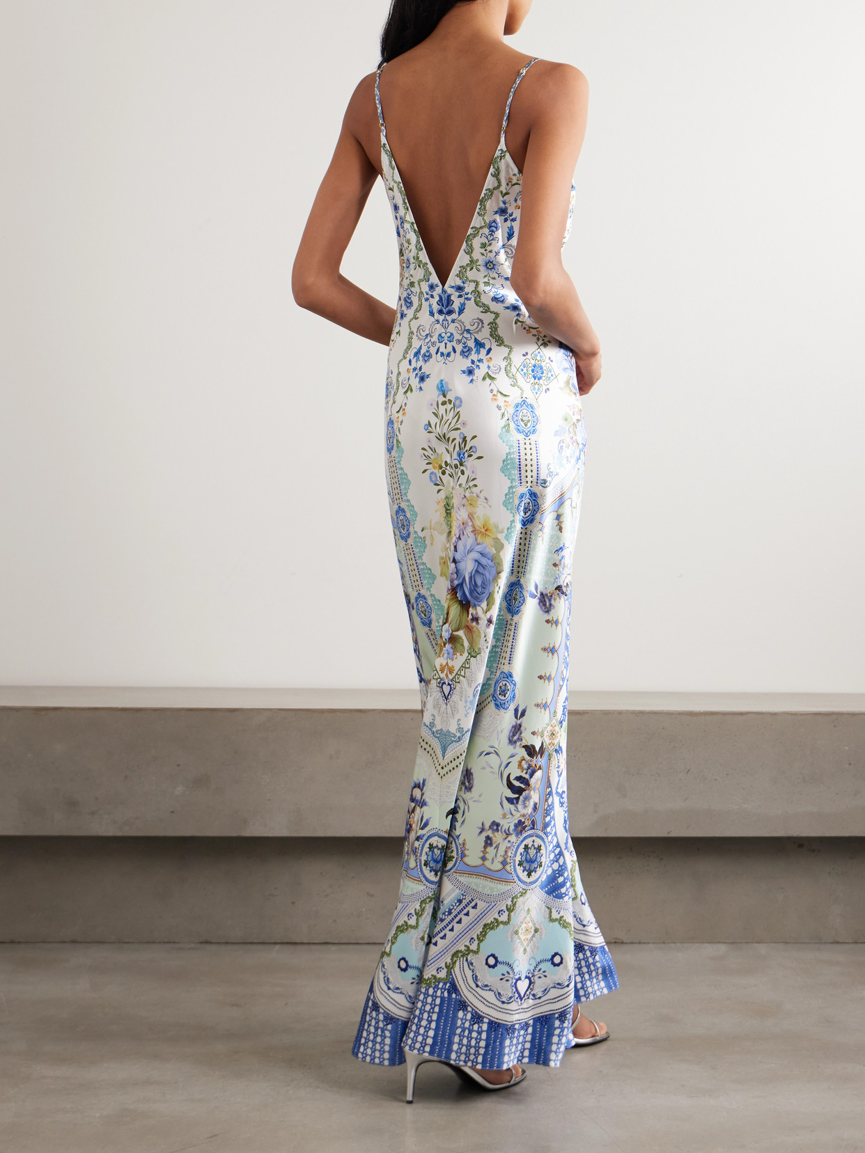 Camilla Crystal-embellished Floral-print Silk-satin Maxi Dress In Blue