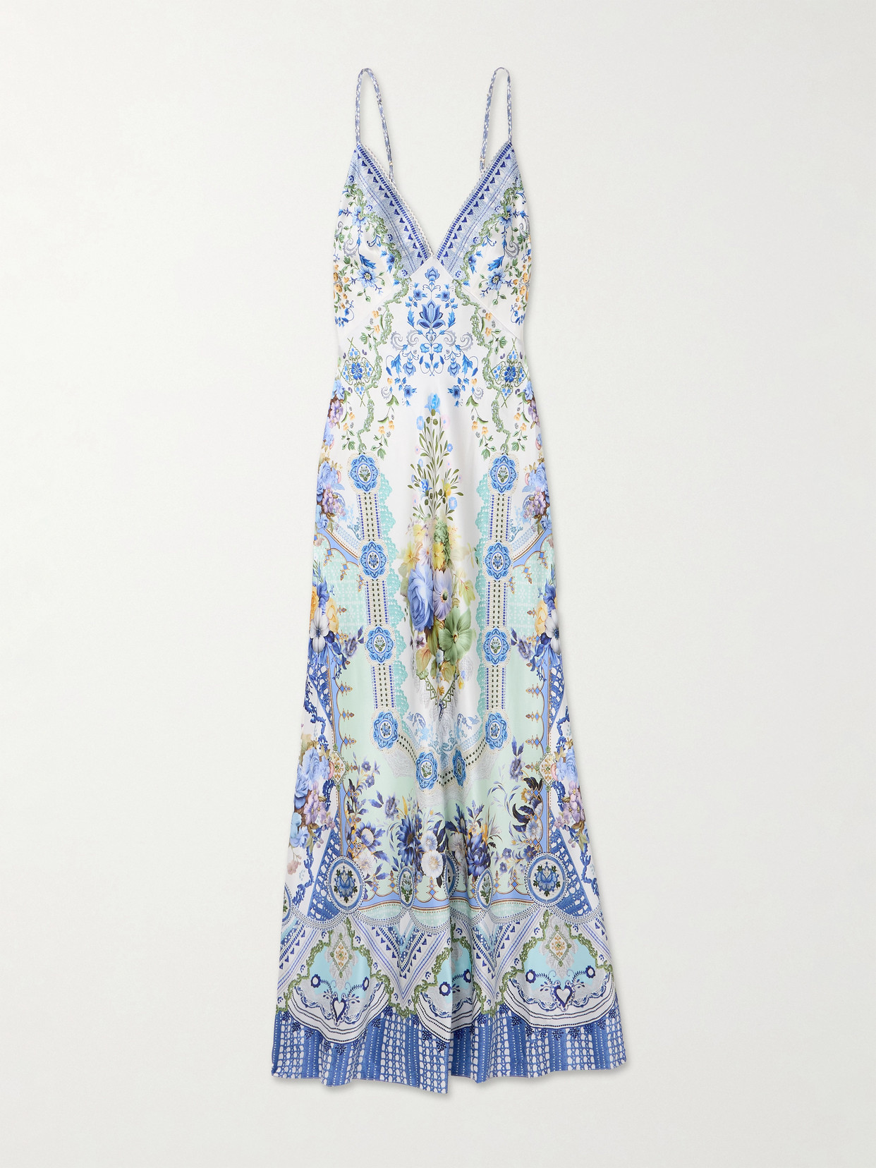 Camilla Crystal-embellished Floral-print Silk-satin Maxi Dress In Blue