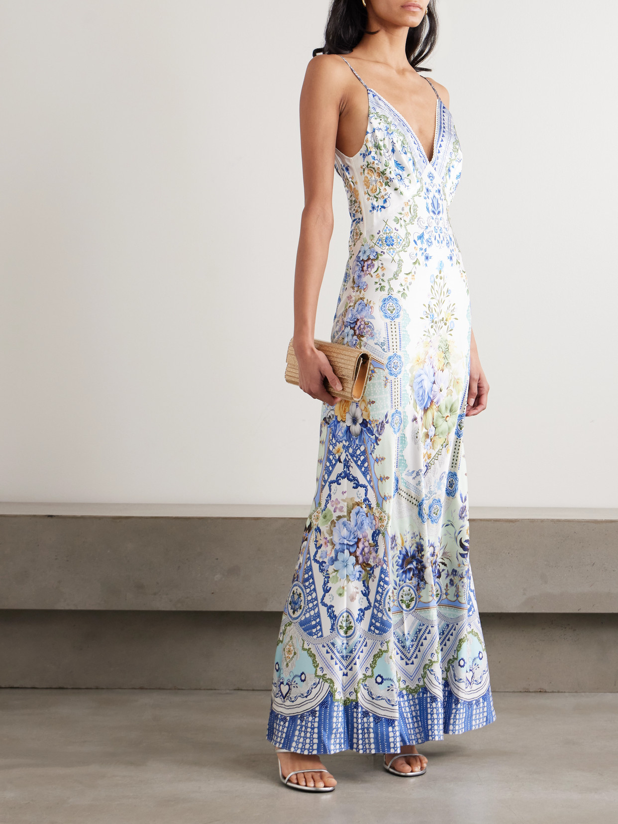 Camilla Crystal-embellished Floral-print Silk-satin Maxi Dress In Blue