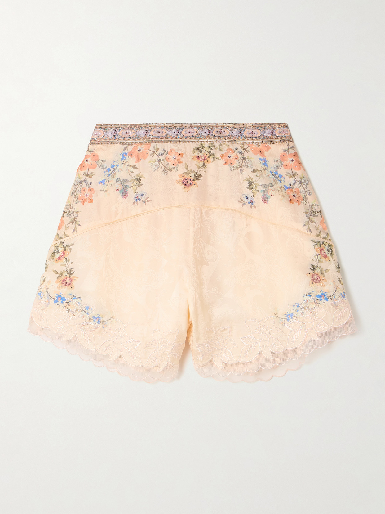 Camilla Crystal-embellished Tulle-trimmed Embroidered Floral-print Satin-jacquard Shorts In Neutral