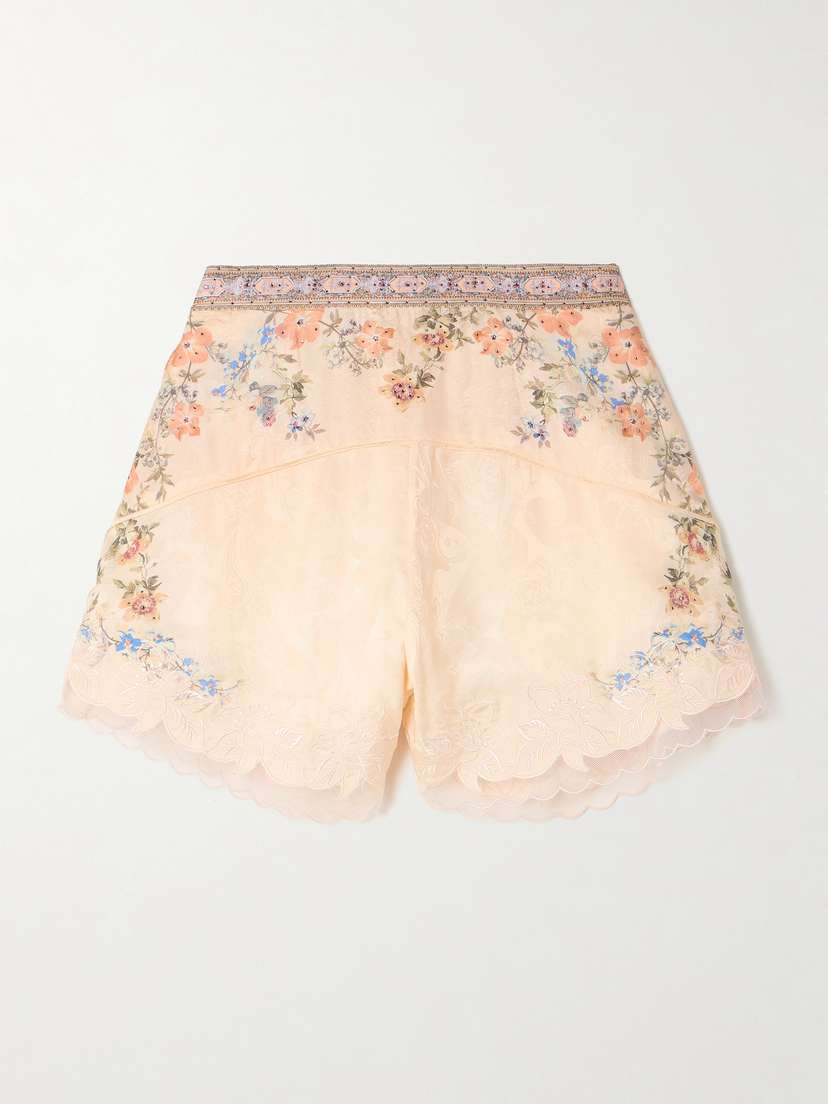 Camilla Crystal-embellished Tulle-trimmed Embroidered Floral-print Satin-jacquard Shorts
