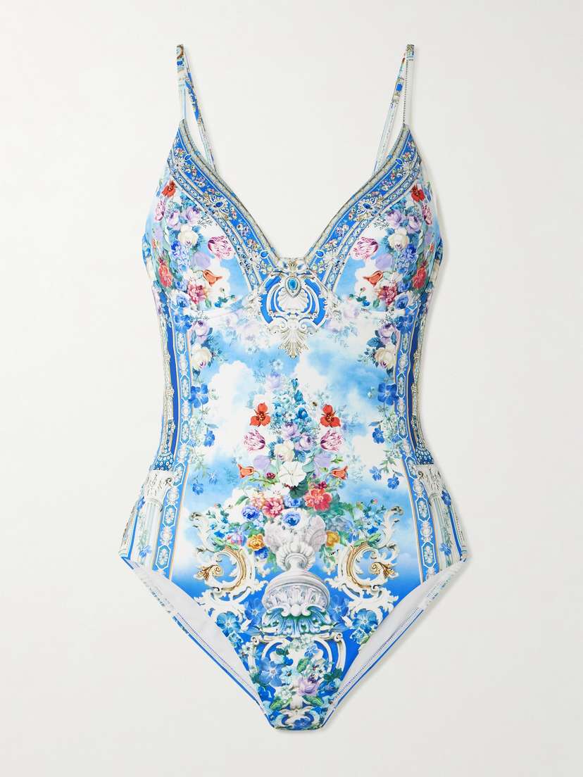 Camilla Crystal-embellished Printed Stretch Recycled Swimsuit