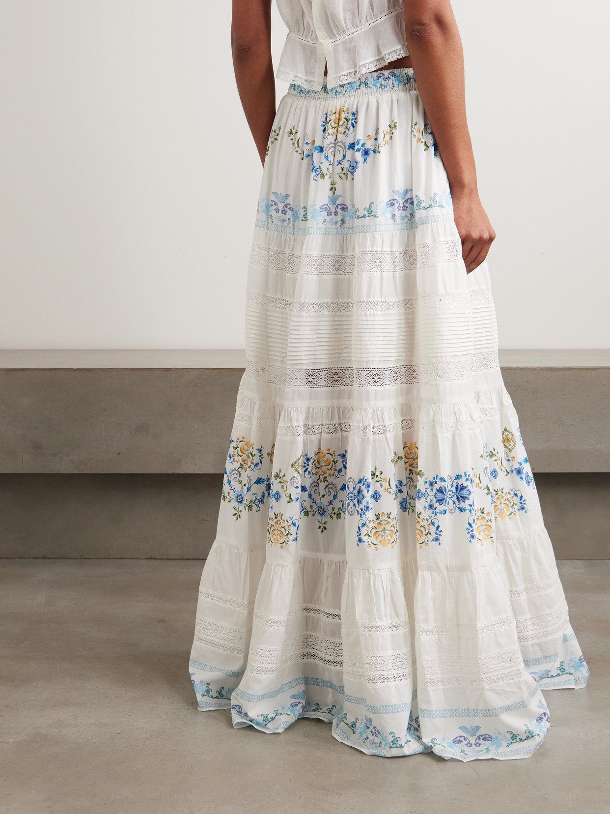 Camilla My Homespun Heart Lace-trimmed Embroidered Printed Tiered Cotton And Silk-blend Maxi Skirt In White