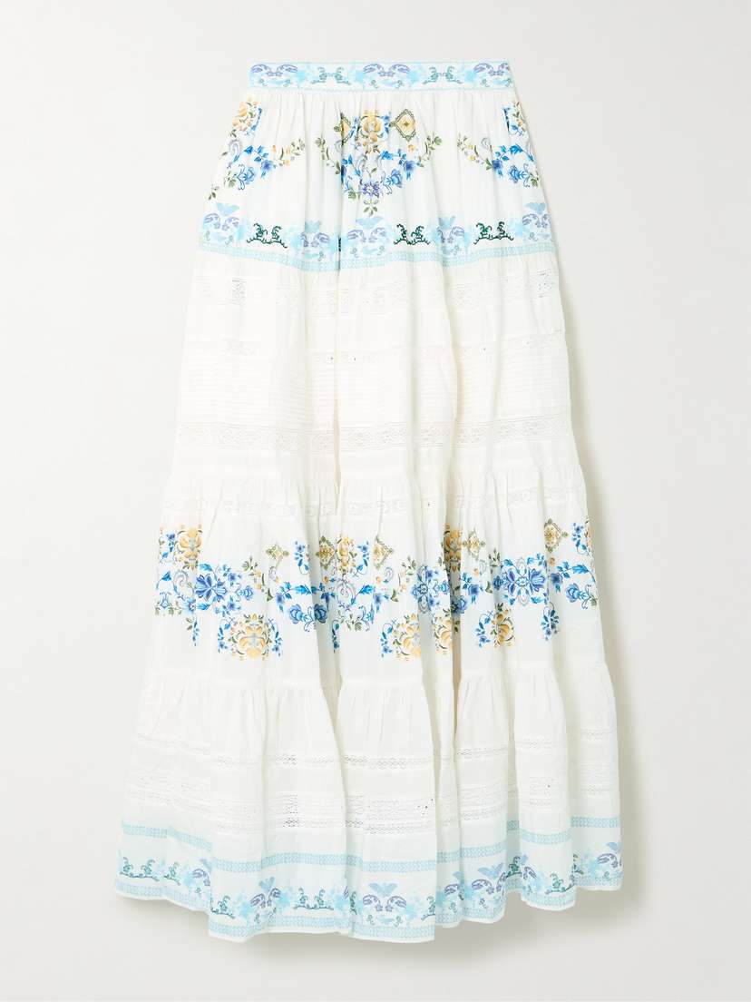 Camilla My Homespun Heart Lace-trimmed Embroidered Printed Tiered Cotton And Silk-blend Maxi Skirt