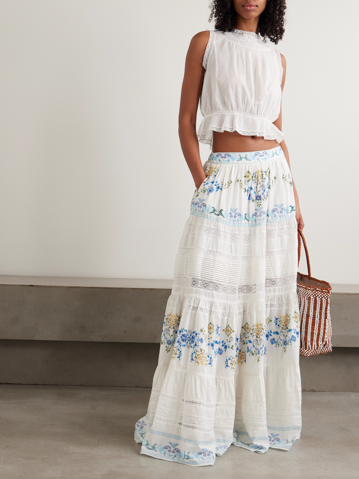 Camilla My Homespun Heart Lace-trimmed Embroidered Printed Tiered Cotton And Silk-blend Maxi Skirt In White