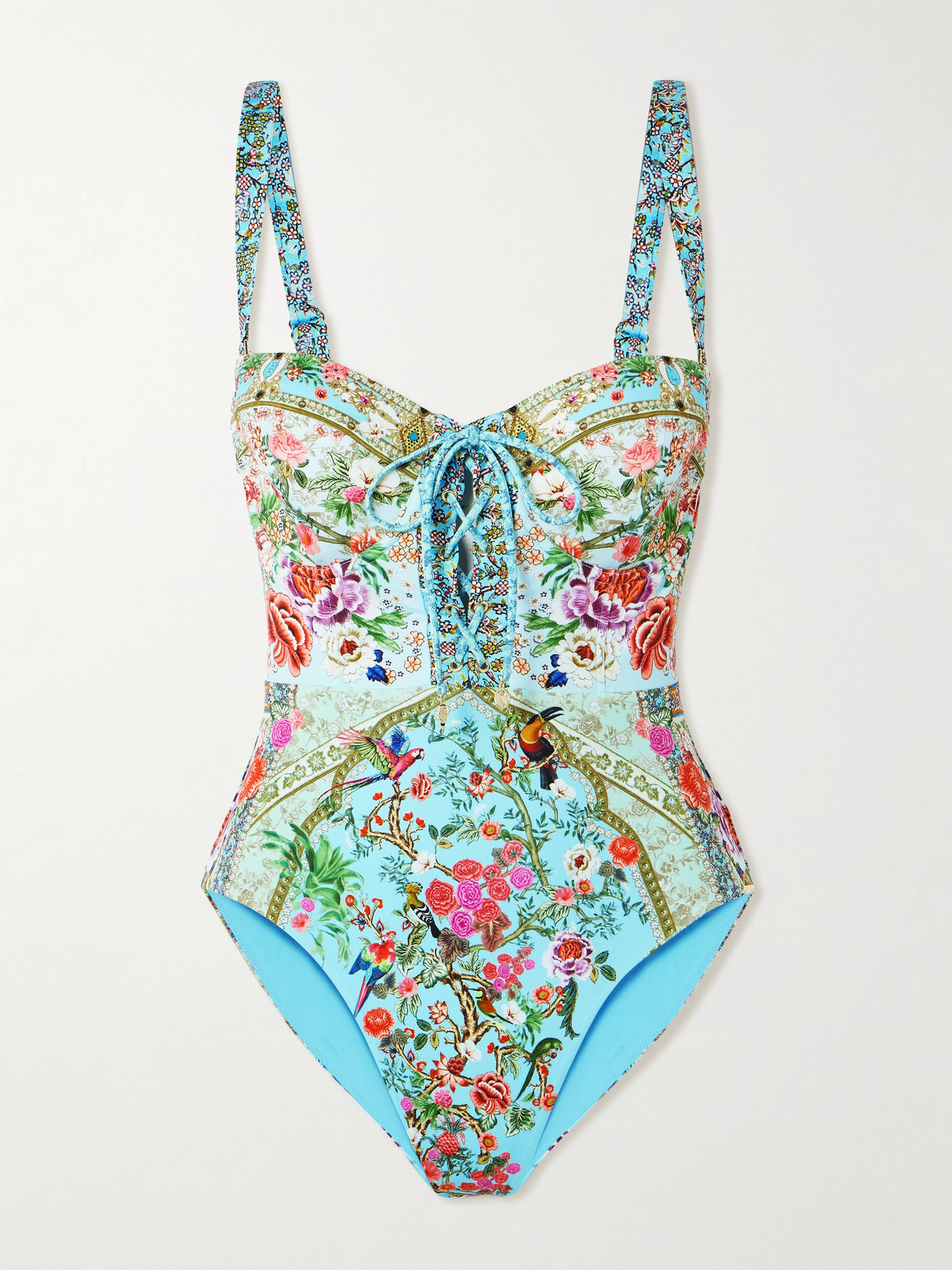 Camilla Lace-up Crystal-embellished Printed Recycled Swimsuit In Multi