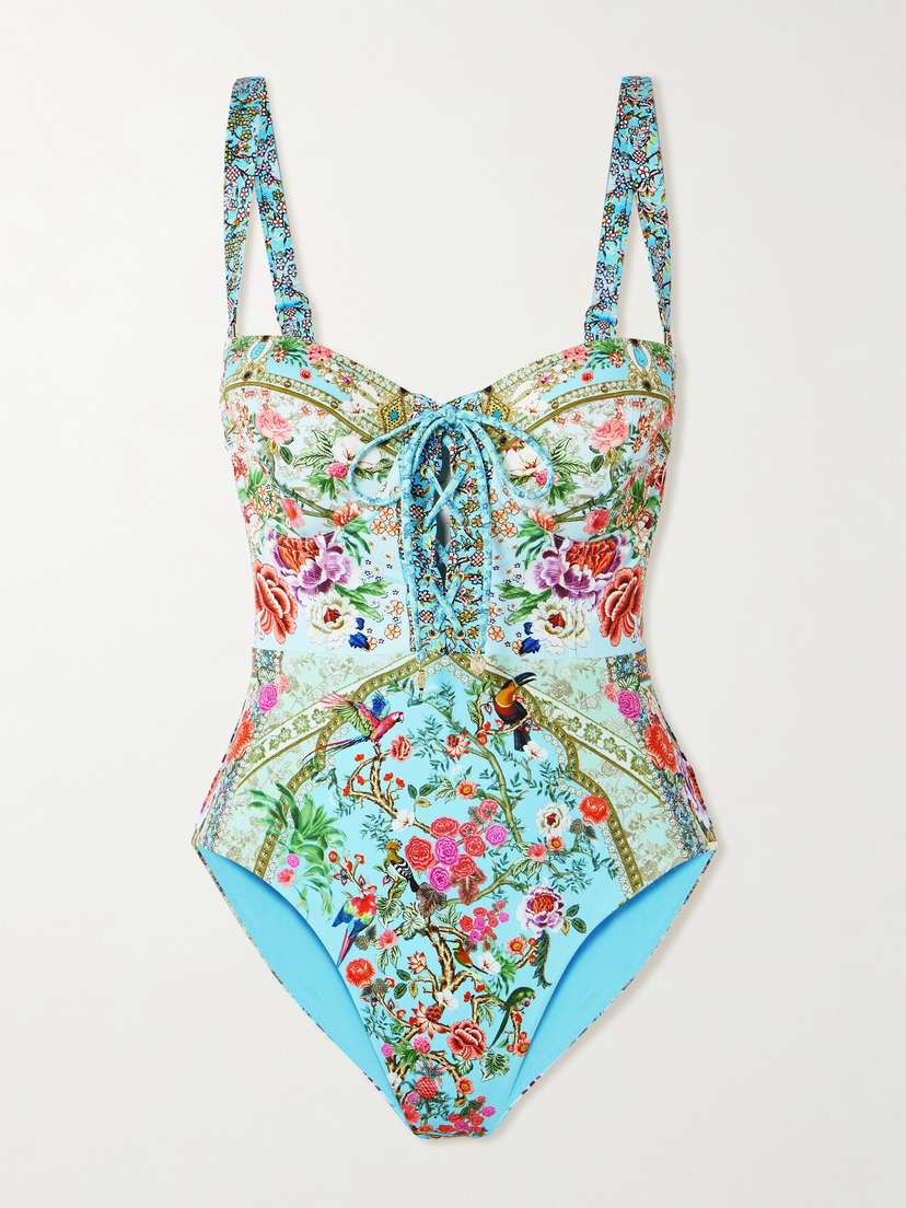 Camilla Lace-up Crystal-embellished Printed Recycled Swimsuit