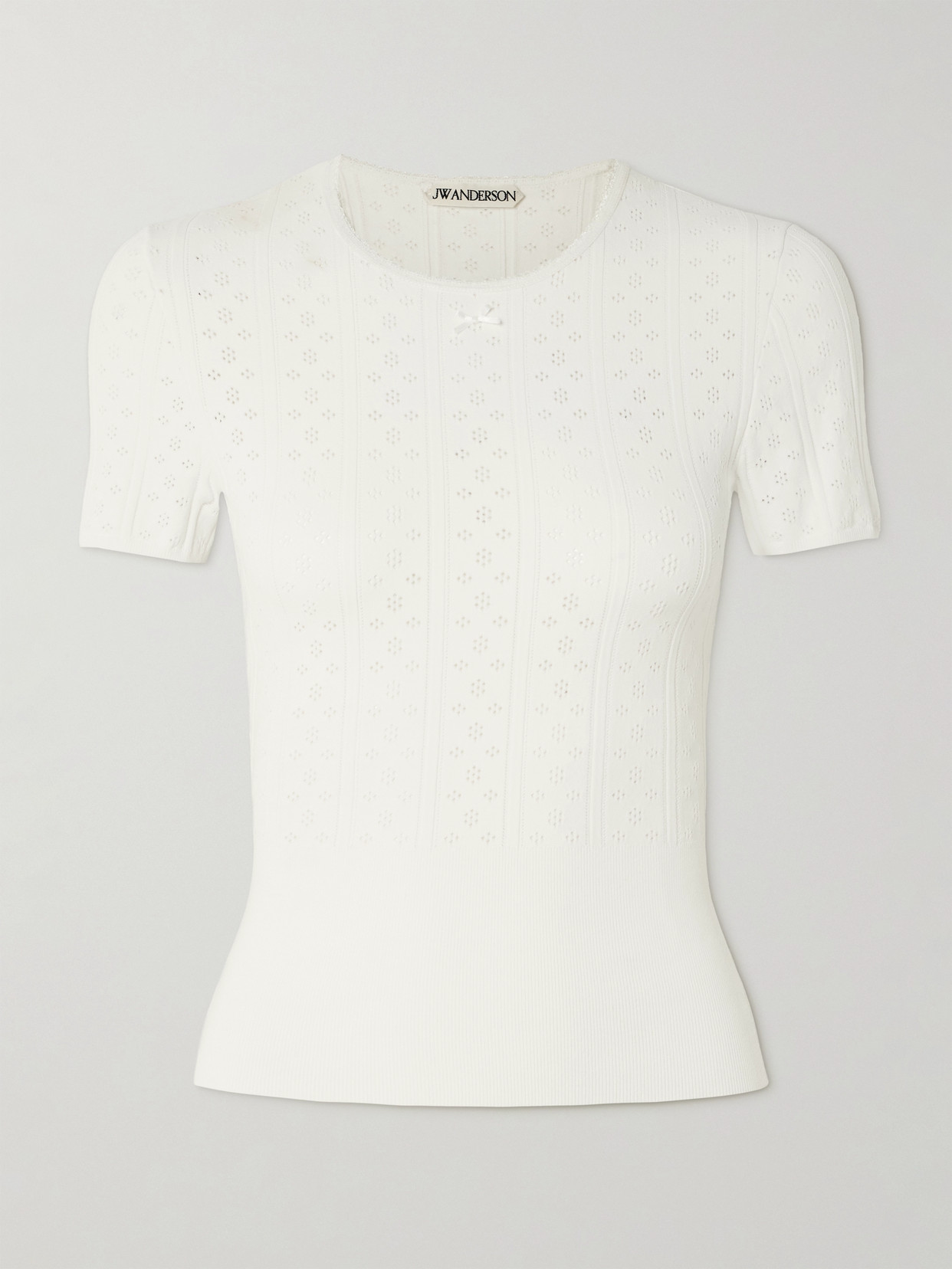 Jw Anderson Bow-detailed Recycled Pointelle-knit T-shirt In White