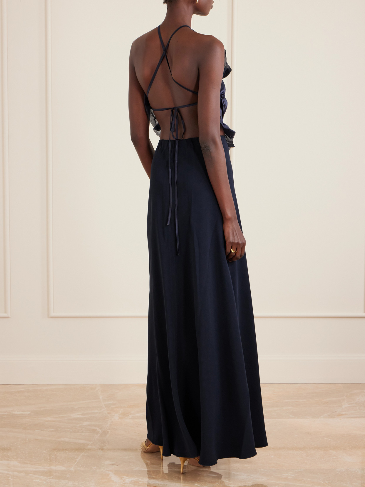 Violante Nessi Open-back Ruched Ruffled Organza-trimmed Silk-satin Halterneck Gown In Blue