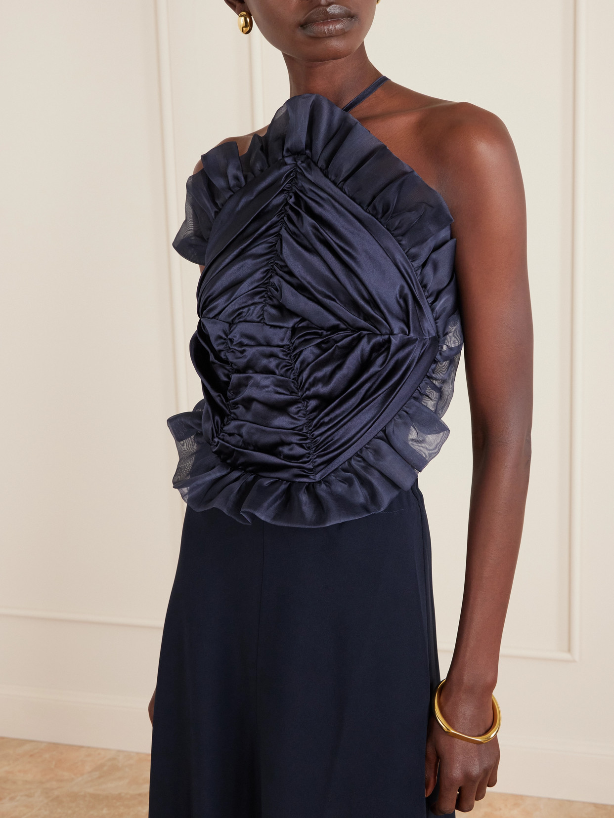 Violante Nessi Open-back Ruched Ruffled Organza-trimmed Silk-satin Halterneck Gown In Blue