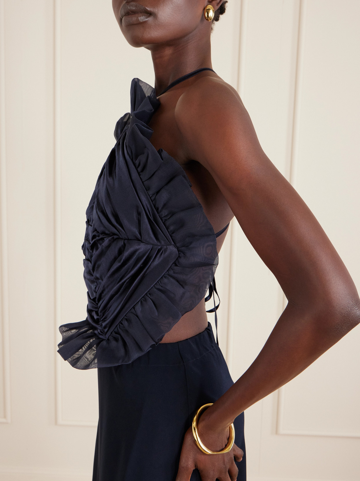 Violante Nessi Open-back Ruched Ruffled Organza-trimmed Silk-satin Halterneck Gown In Blue