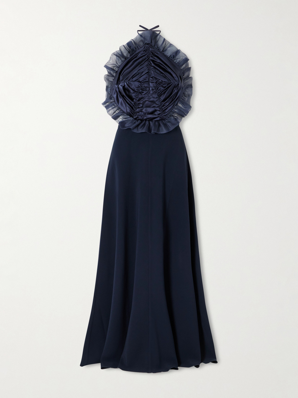 Violante Nessi Open-back Ruched Ruffled Organza-trimmed Silk-satin Halterneck Gown In Blue