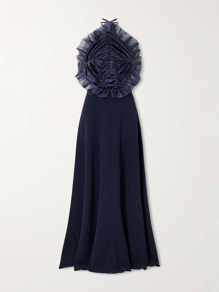 VIOLANTE NESSI Open-back Ruched Ruffled Organza-trimmed Silk-satin Halterneck Gown