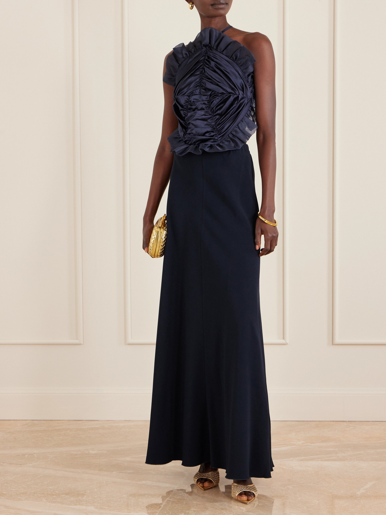 Violante Nessi Open-back Ruched Ruffled Organza-trimmed Silk-satin Halterneck Gown In Blue