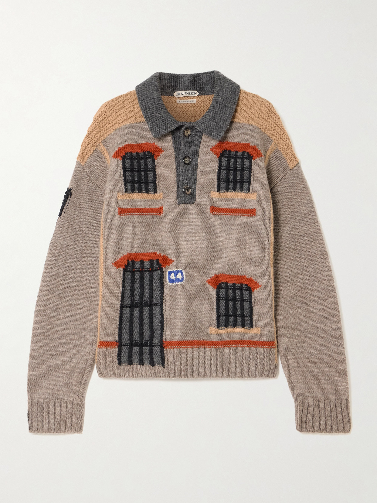 Jw Anderson Intarsia-knit Wool Polo Sweater In Neutral