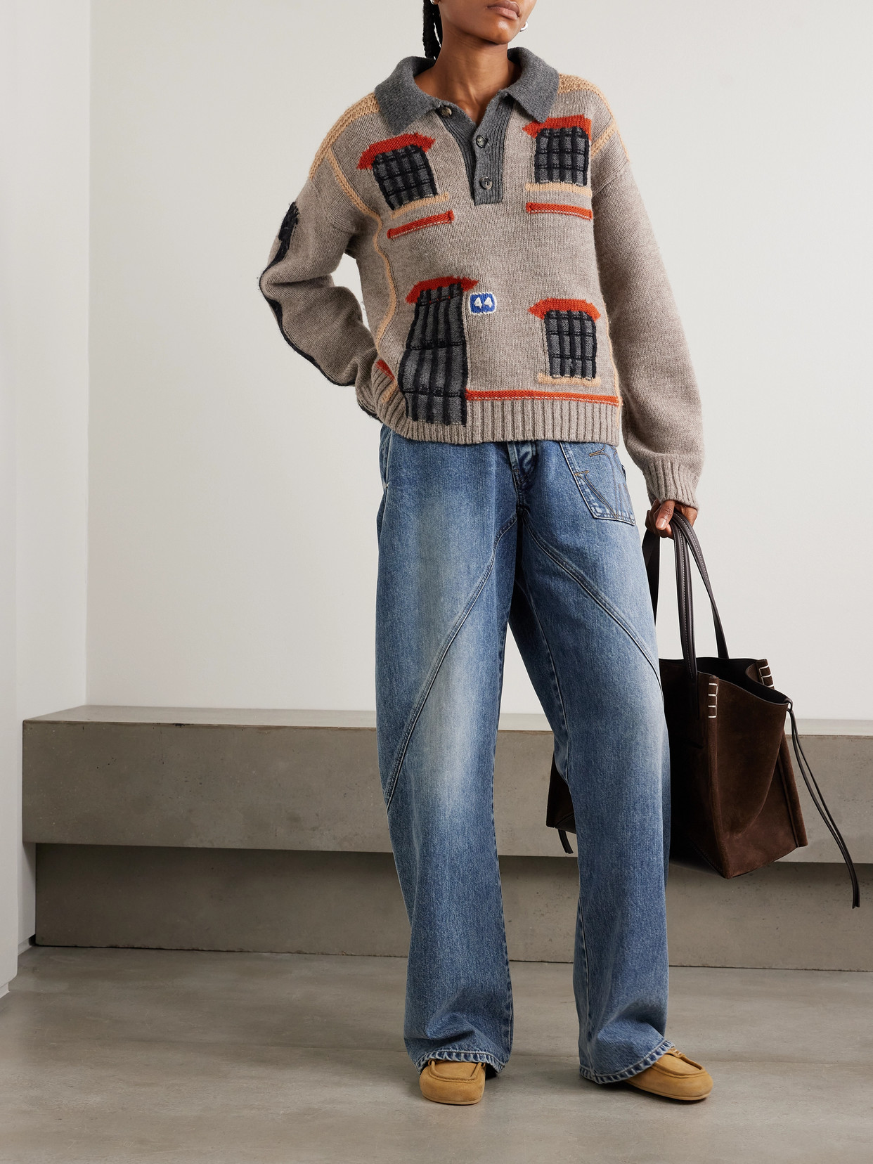 Jw Anderson Intarsia-knit Wool Polo Sweater In Neutral