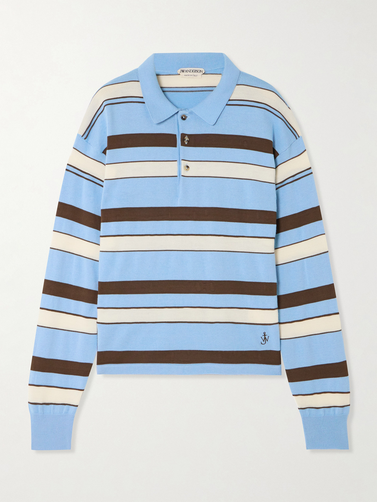 Jw Anderson Embroidered Striped Cotton And Wool-blend Polo Shirt In Blue
