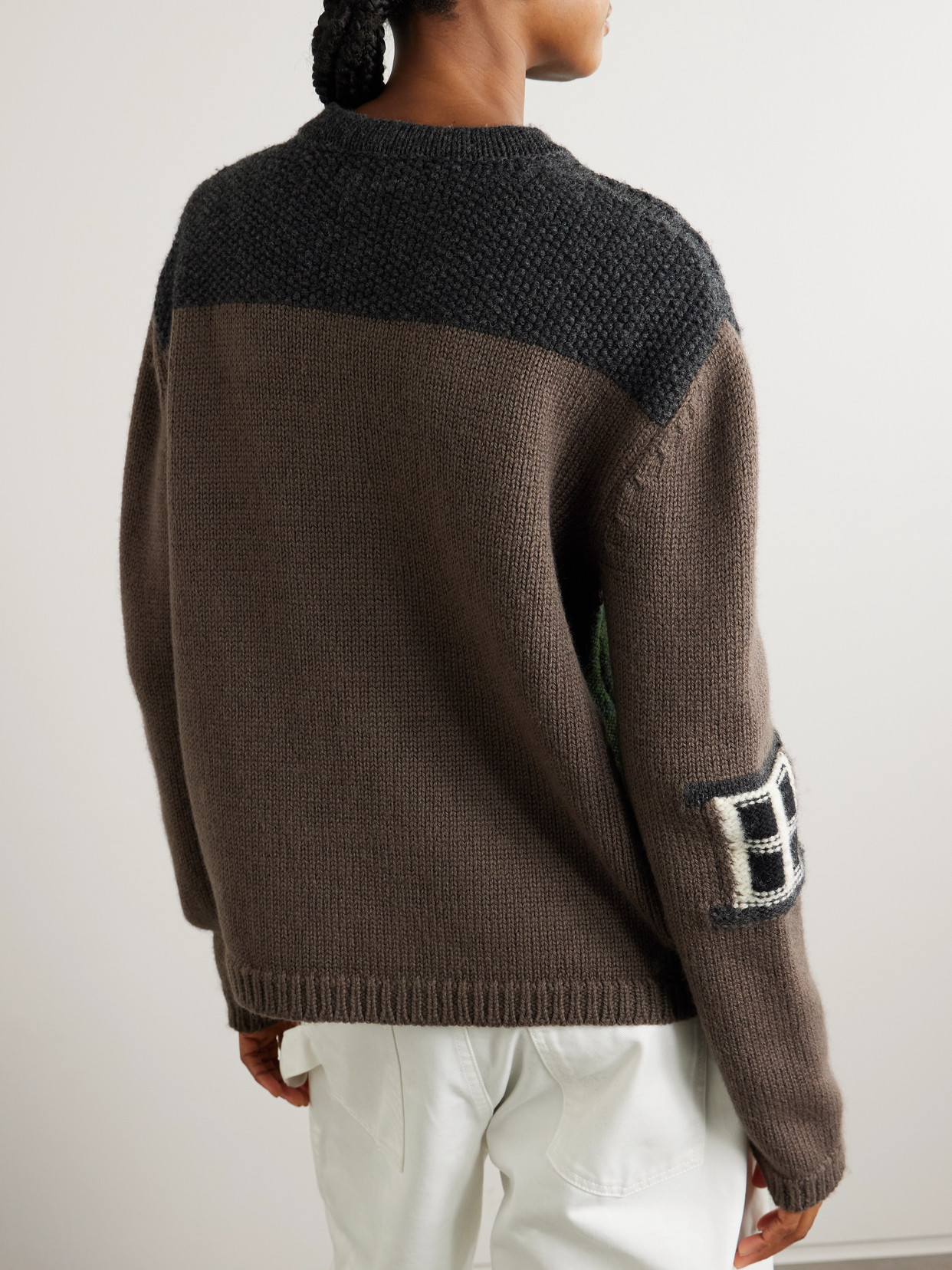 Jw Anderson House Embroidered Intarsia-knit Merino Wool Cardigan In Brown