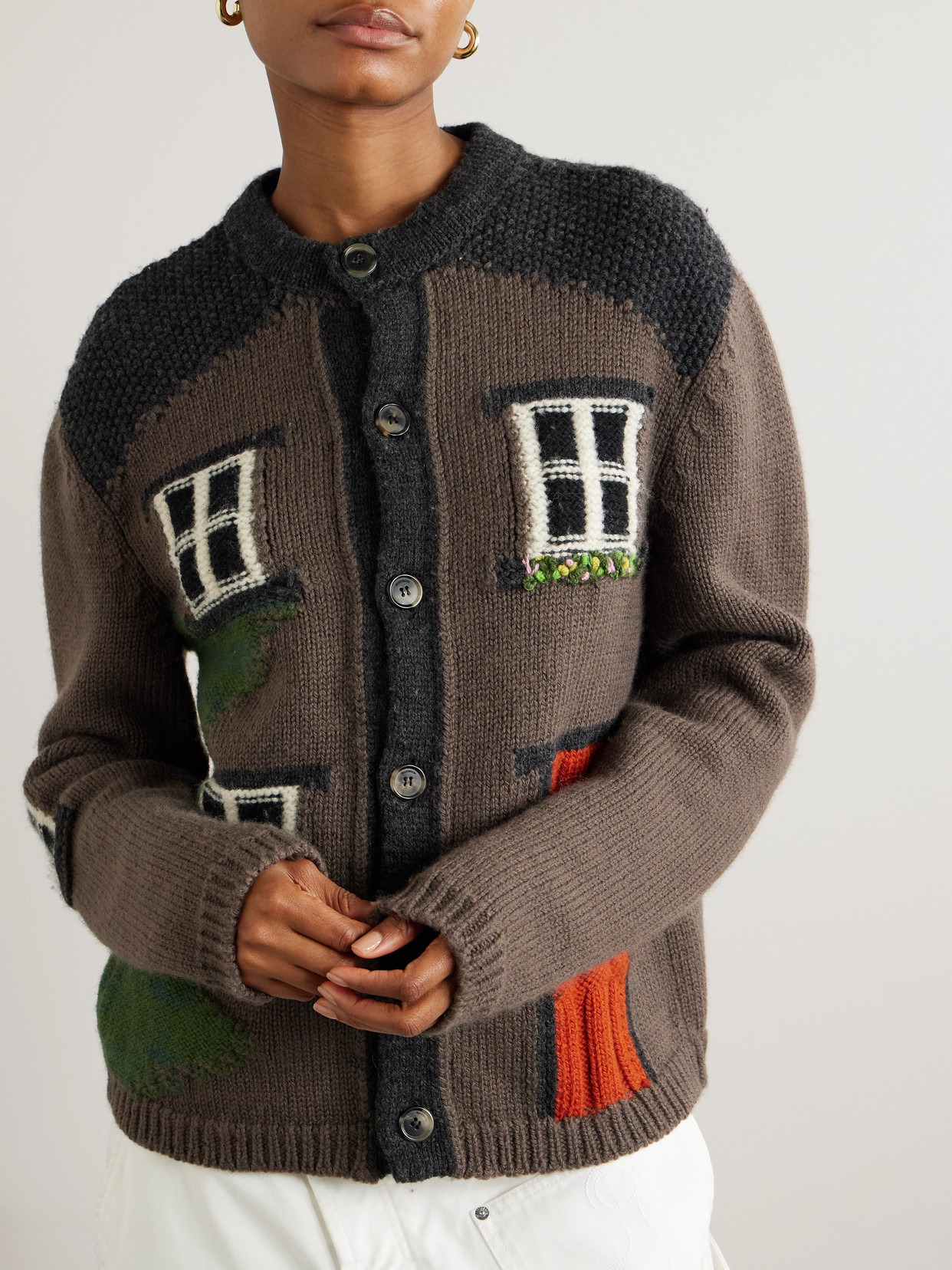 Jw Anderson House Embroidered Intarsia-knit Merino Wool Cardigan In Brown