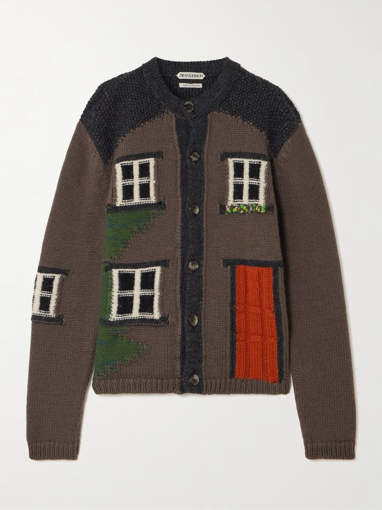 Jw Anderson House Embroidered Intarsia-knit Merino Wool Cardigan In Brown